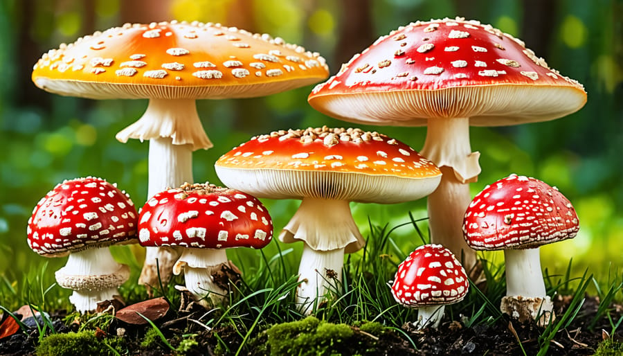 A variety of Amanita mushrooms, showcasing their distinctive appearances.