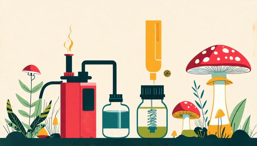 A conceptual diagram of Amanita mushroom vaping with highlighted equipment.