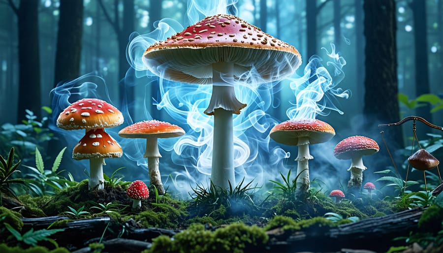 A conceptual illustration showing a vaporizer emitting vapor clouds intertwined with symbolic Amanita mushrooms and a balance scale, representing the exploration of Amanita mushroom vaping and its legal considerations.