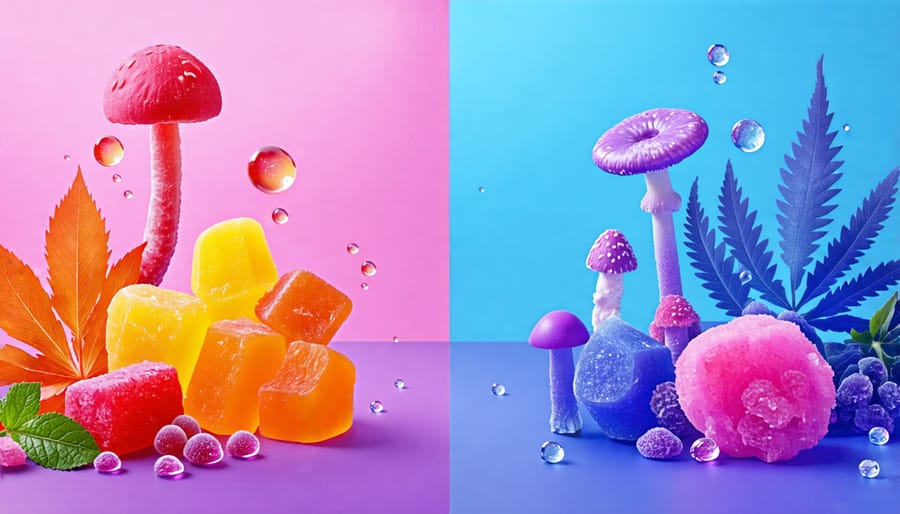 A side-by-side comparison of natural health vape gummies, featuring herbs and CBD, and mushroom gummies shown with various mushrooms, visually illustrating their unique ingredients and health benefits.