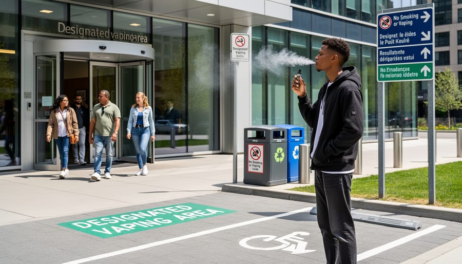 Person vaping in designated outdoor area showing proper public vaping etiquette