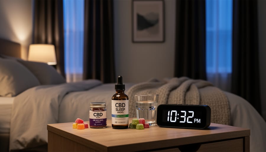 Amber CBD oil bottle on a nightstand beside a charging phone in a softly lit bedroom