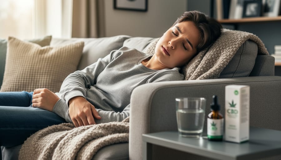 Person resting on a couch looking drowsy while using a CBD vape device nearby