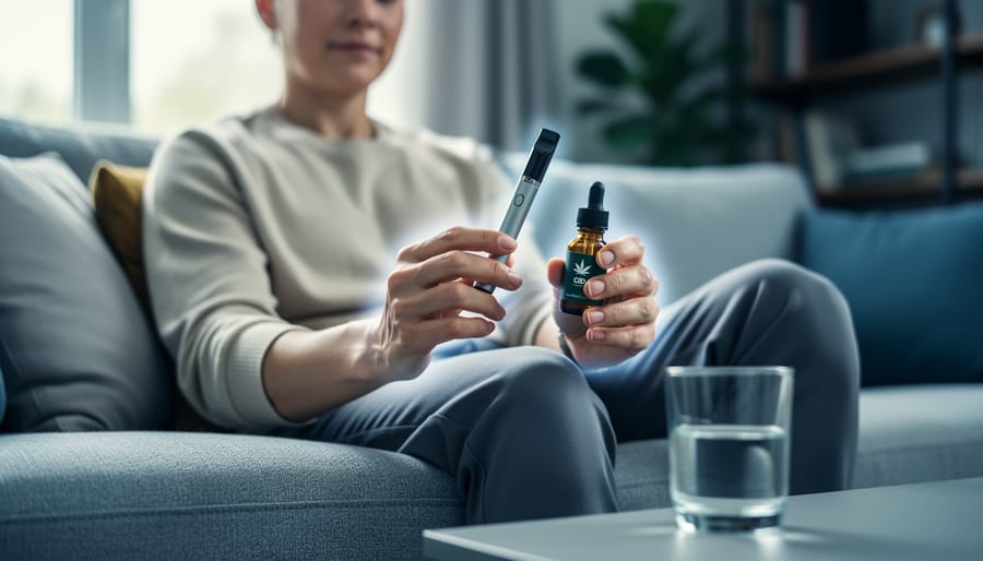 A person relaxing on a couch holding a CBD vape pen or oil dropper in a softly lit living room, illustrating calm energy rather than heavy sedation.