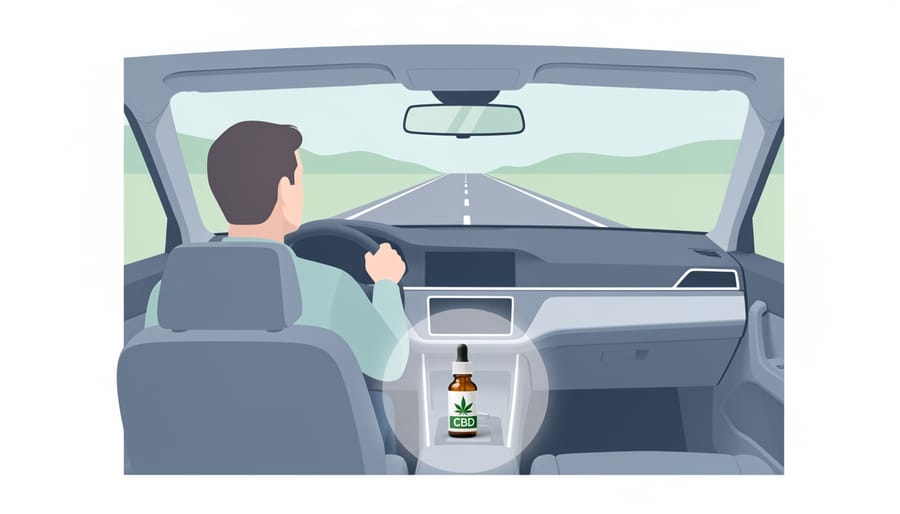 CBD product case visible on the car center console with steering wheel in foreground