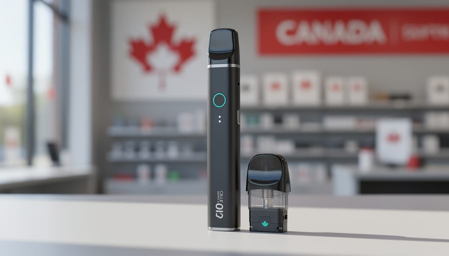 Close-up of a black 510-thread vape battery stick connected to a refillable vape pod device on a clean desk.