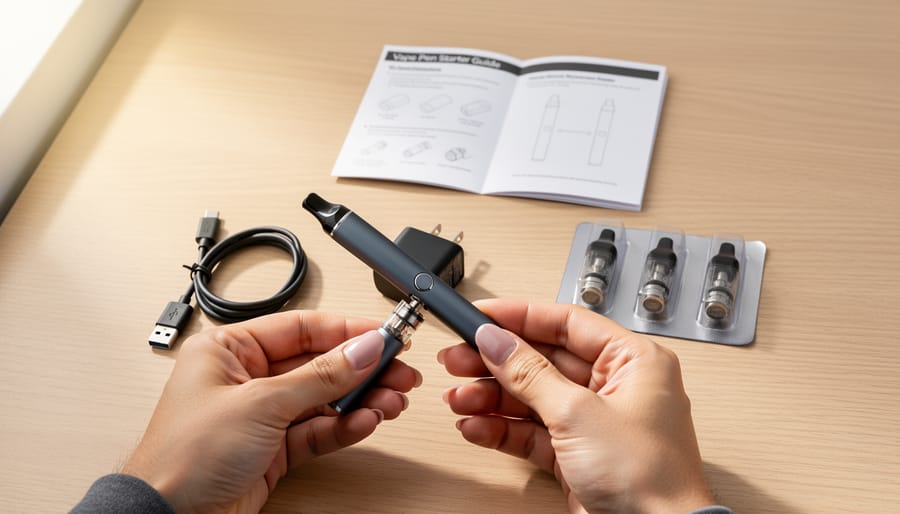 Budget vape pen on a wooden desk next to a charging cable and spare mouthpiece cap
