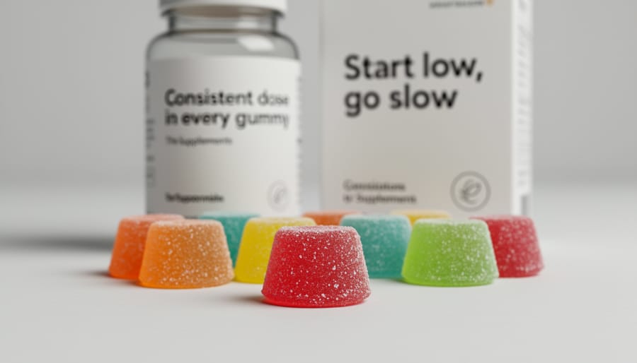 Close-up of a THC gummy being handled with a visible cut surface and careful portioning on a kitchen surface