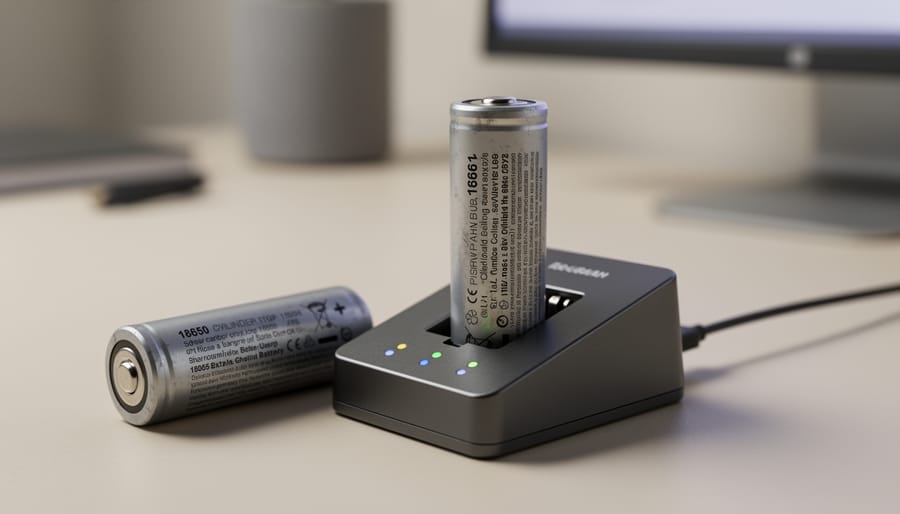 Close-up of an 18650 battery beside a battery charger and protective case on a workbench.
