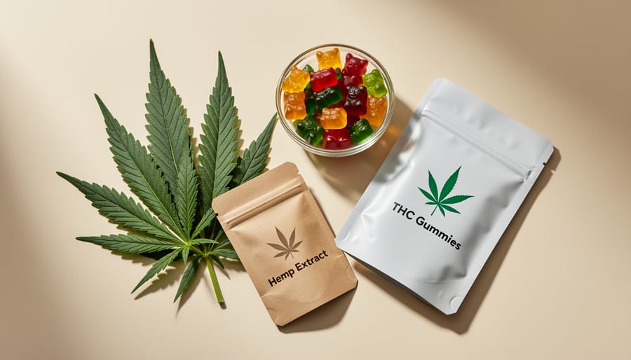 Close-up of hemp leaves next to colorful hemp-derived THC gummies on a countertop