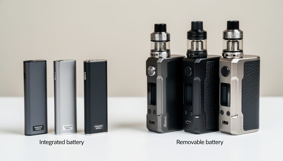 Compact pod device and larger mod-style vape devices placed side by side on a countertop.