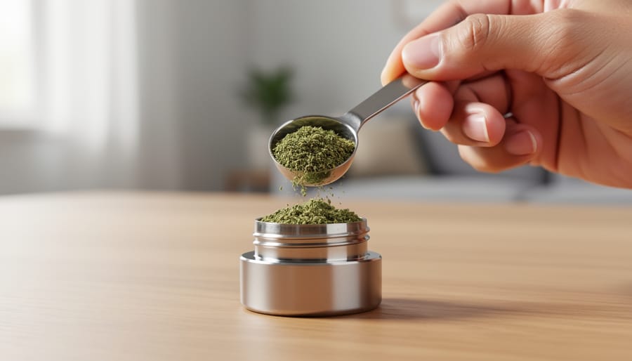 Finely ground herb being placed into a small vape chamber viewed from above