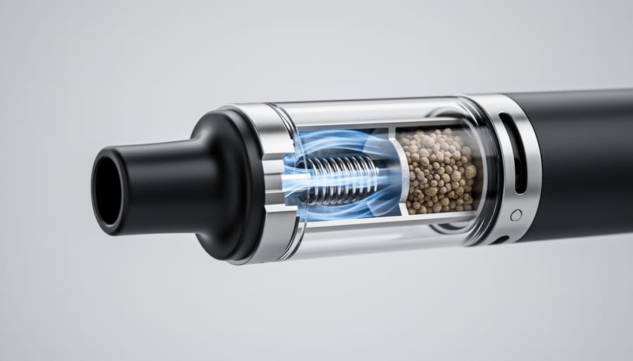 Hand holding a vape pen mouthpiece in close-up detail