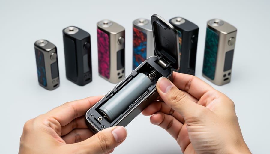 Hands inserting a cylindrical vape battery into an open mod compartment in a workshop setting.
