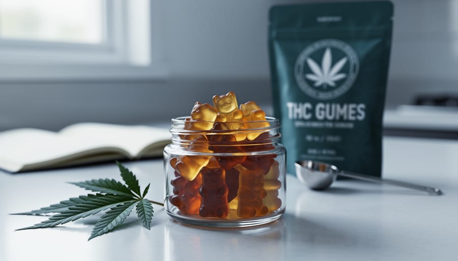 Glass jar filled with hemp-derived THC gummies on a kitchen counter with dark green hemp leaves in the background.