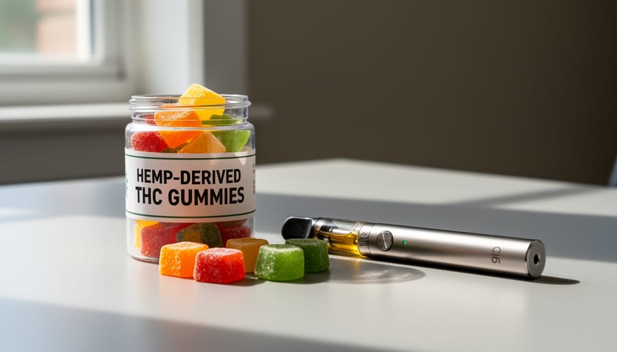 Hemp-derived THC gummies in one container beside a vape pen and cartridge on a wooden table