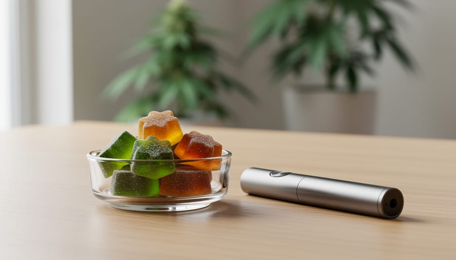 Hemp-derived THC gummies in a glass dish next to a vape pen on a light wood surface, photographed with soft natural light.