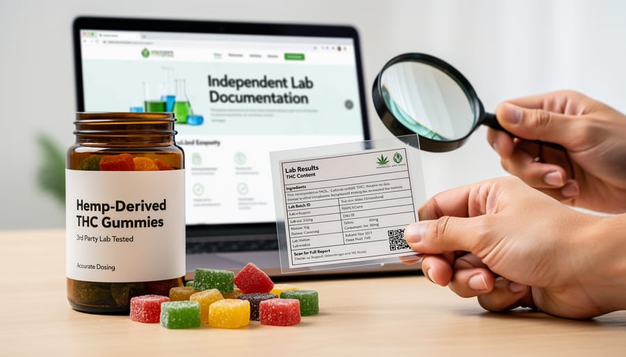 Person holding a resealable container of THC gummies with a lab report sheet and scale nearby