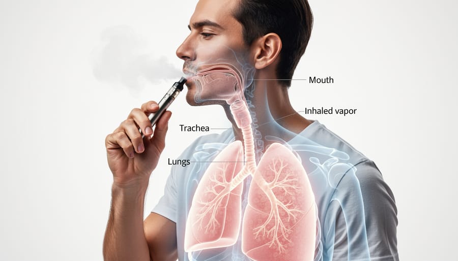 Person holding a vape pen while exhaling indoors with a softly blurred background