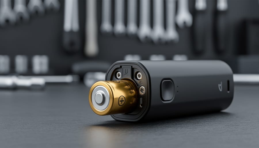 Close-up of a vape device with an open battery compartment displaying removable cylindrical lithium-ion batteries in focus.