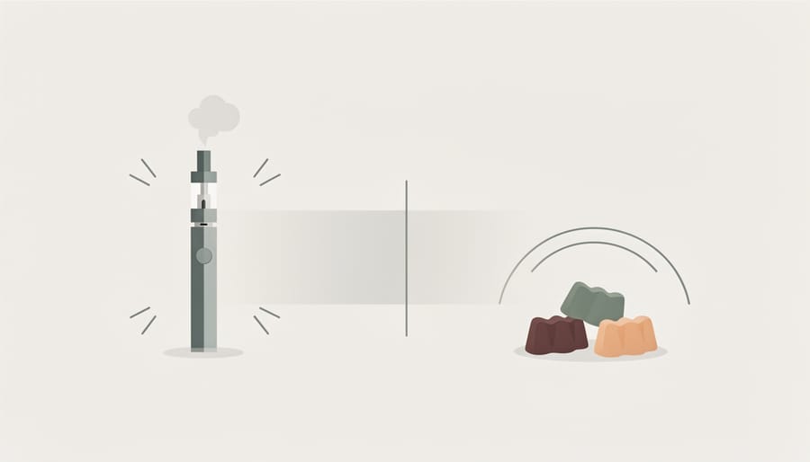 Vape device and THC gummies placed together on a tabletop
