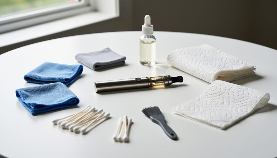 Vape pen with cleaning brush and wipes on a bathroom counter