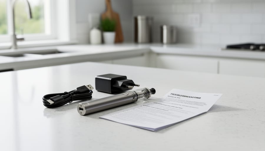 Budget vape device placed on a counter with a charging cable and e-liquid nearby