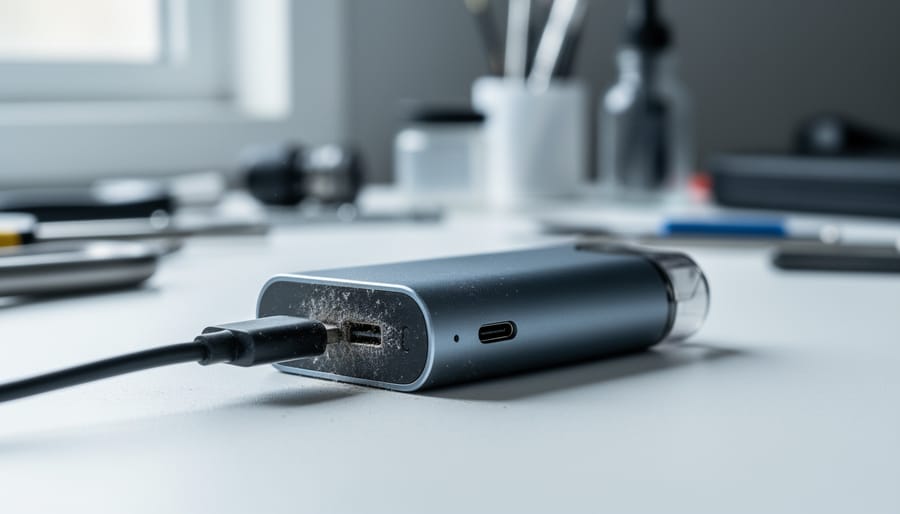 “Close-up of a budget vape device plugged into a charging cable on a desk, highlighting the battery connection area for troubleshooting.”
