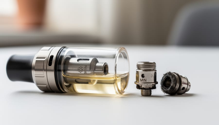 Close-up of hands and a vape tank showing a low e-liquid level with a spare coil nearby