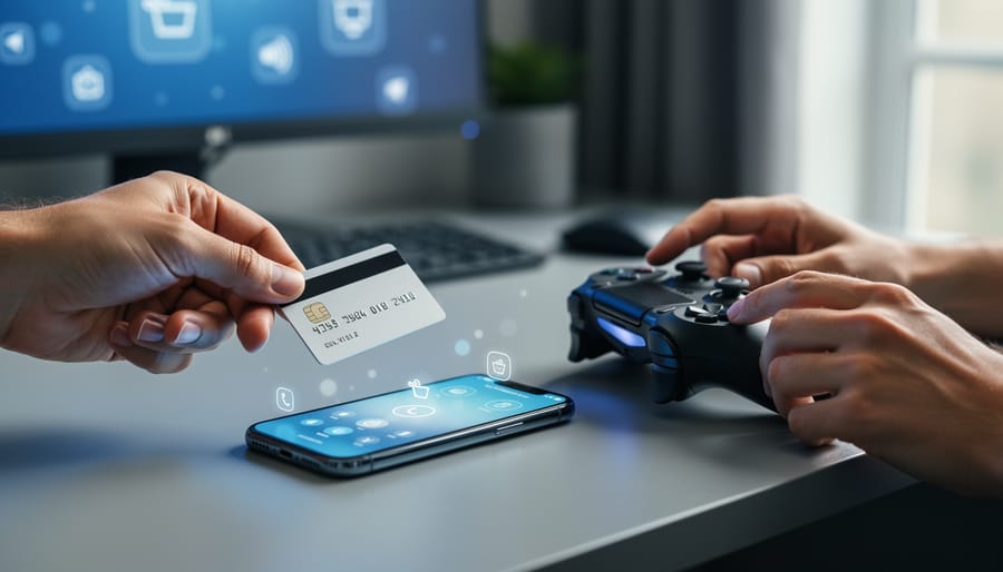 “A person’s hands holding a credit card near a smartphone and game controller, symbolizing mindful online spending.”