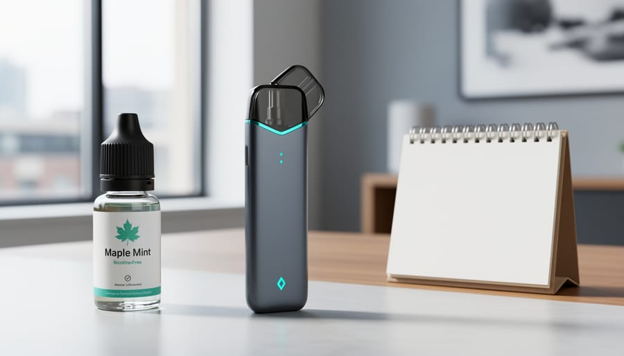 Close-up of a vape pod system on a clean desk with e-liquid bottle beside it, photographed in soft natural light.