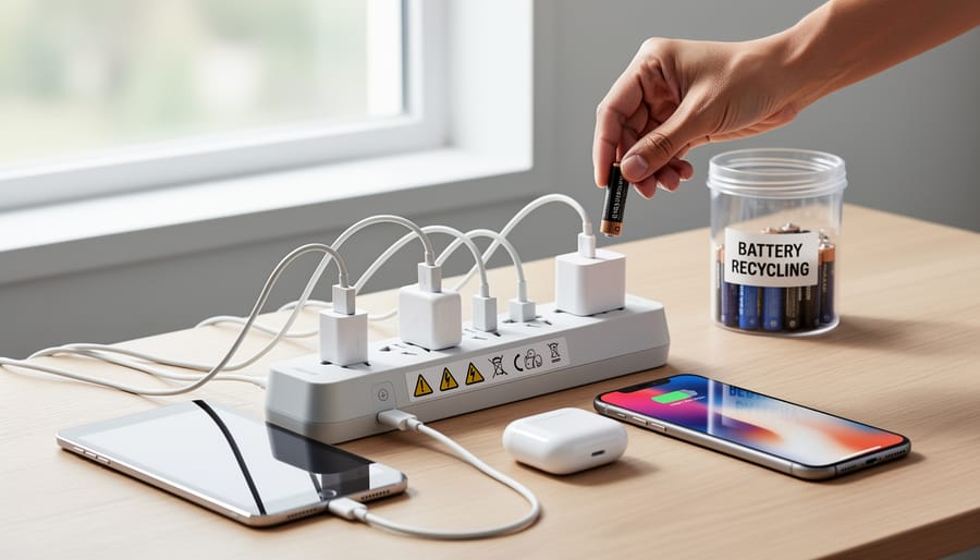 Vape device charging on a wooden nightstand with a closed battery case nearby