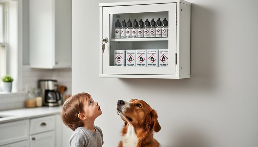 E-liquid bottle stored in an opaque container on a high shelf for safe keeping