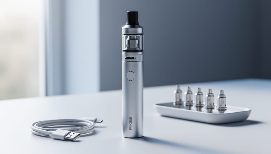 Close-up of a sleek vape device and charging cable on a clean desk with replacement coils nearby, conveying safe vaping basics for beginners.