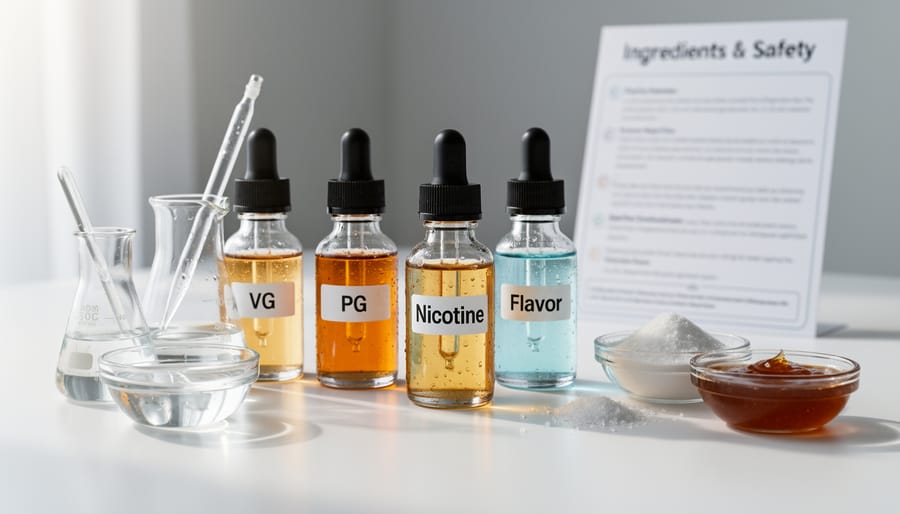 Macro view of small glass bottles containing different clear and cloudy liquids representing e-liquid ingredients