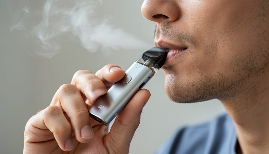 Close view of a person holding a vape device with a removable pod or tank